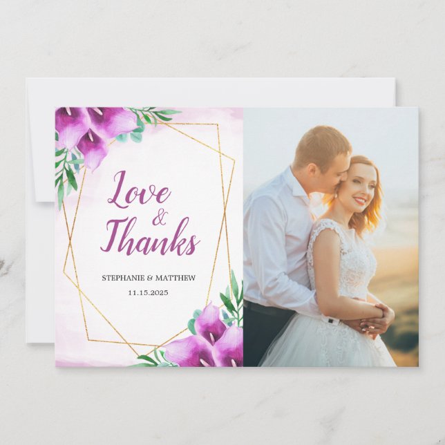 Tarjeta De Agradecimiento Foto de Boda Geométrica Purple Calla Lily (Anverso)