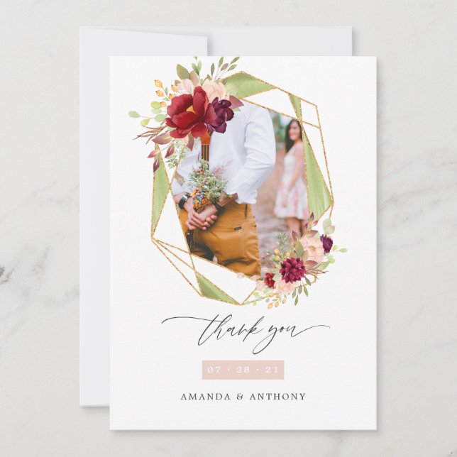 Tarjeta De Agradecimiento Foto de Boda geométrico de Borgoña y Rubor (Anverso)