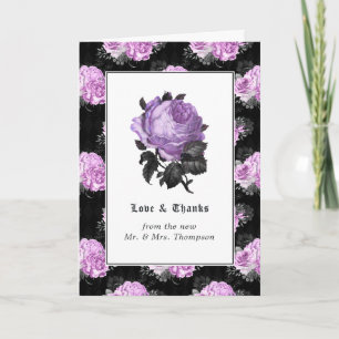 Tarjeta De Agradecimiento Foto de boda gótica floral negra, morada y platead