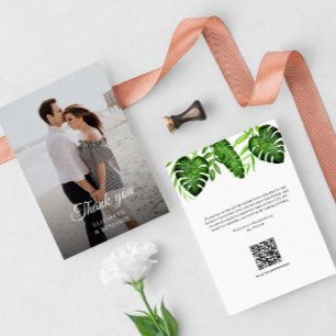 Tarjeta De Agradecimiento Foto de Boda Gracias Código QR Verde Tropical