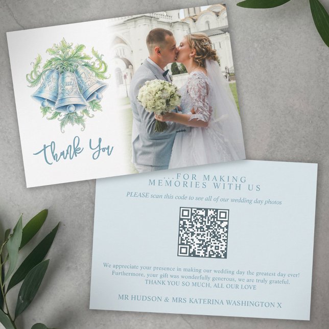 Tarjeta De Agradecimiento Foto de boda gris azul verde Bells Código QR (Subido por el creador)