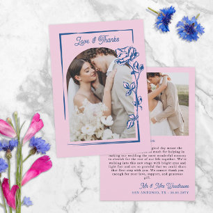 Tarjeta De Agradecimiento Foto de boda ilustración romántica rosa azul y ros