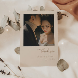 Tarjeta De Agradecimiento Foto de boda minimalista beige