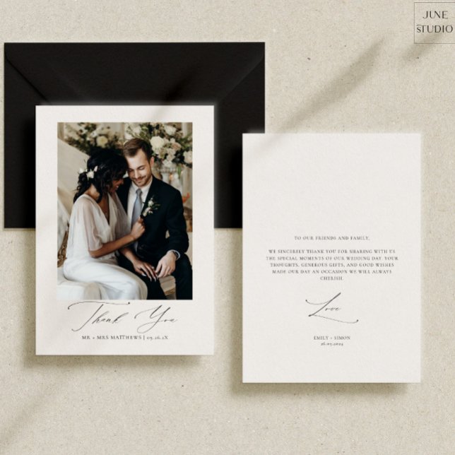 Tarjeta De Agradecimiento Foto de boda moderna (modern elegant wedding photo thank you card, dainty calligraphy, modern script simple thank you )