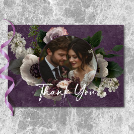 Tarjeta De Agradecimiento Foto de Boda Moderna Floral Elegante Morado Ciruel