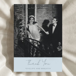 Tarjeta De Agradecimiento Foto de boda moderna manuscrita azul suave
