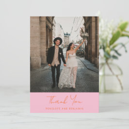 Tarjeta De Agradecimiento Foto de boda moderna manuscrita rosa naranja