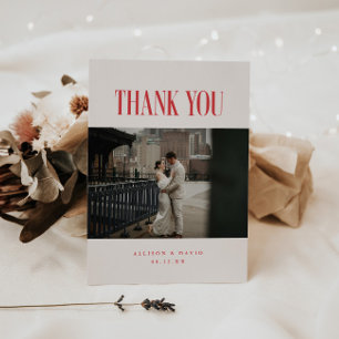 Tarjeta De Agradecimiento Foto de boda moderna retro roja y beige