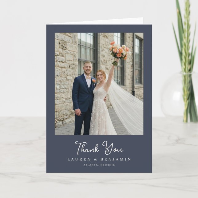 Tarjeta De Agradecimiento Foto de boda naval alegre (Anverso)