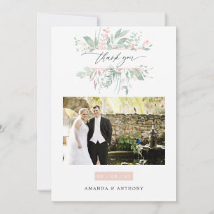 Tarjeta De Agradecimiento Foto de boda Pastel Blush con vegetación