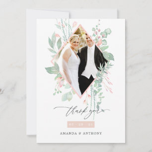 Tarjeta De Agradecimiento Foto de boda Pastel Rosa y Verde