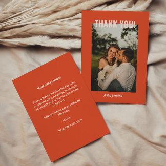 Tarjeta De Agradecimiento Foto de boda retro brillante rojo y beige