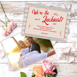 Tarjeta De Agradecimiento Foto de boda retro con rayas azules y texto rojo