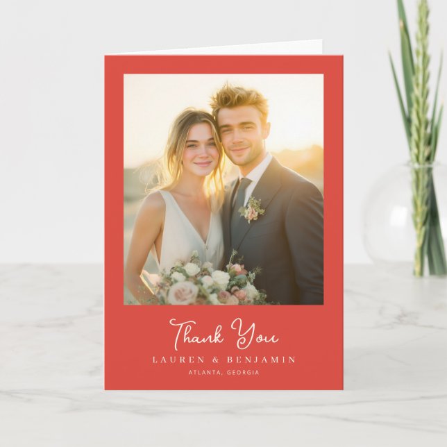 Tarjeta De Agradecimiento Foto de boda roja romántica (Anverso)
