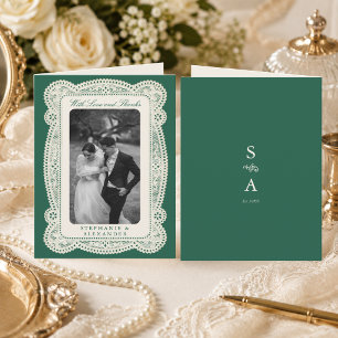 Tarjeta De Agradecimiento Foto de boda vintage de encaje verde esmeralda Old