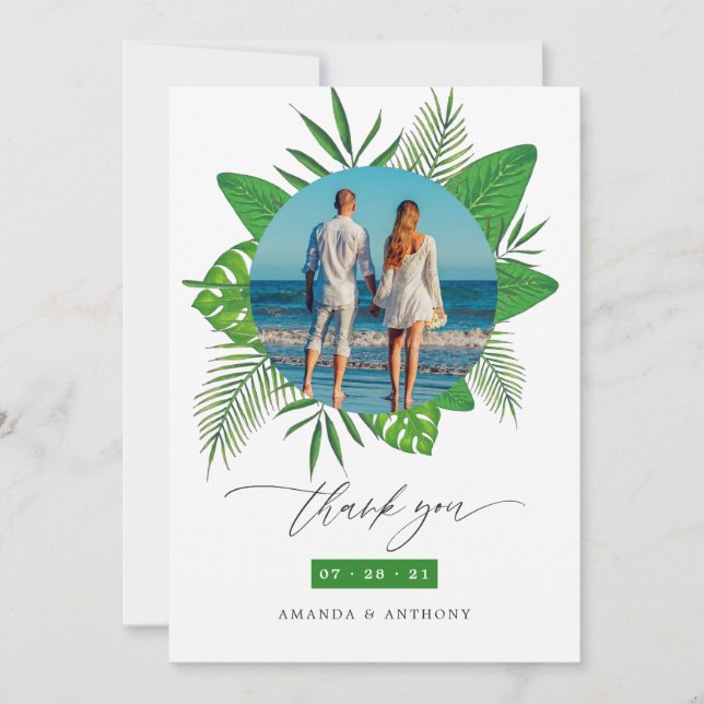 Tarjeta De Agradecimiento Foto de bodas en playa tropical (Anverso)