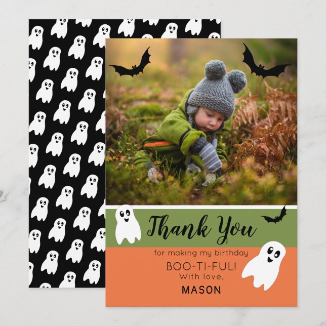 Tarjeta De Agradecimiento Foto de Boo Halloween Cumpleaños Ghost (Anverso / Reverso)