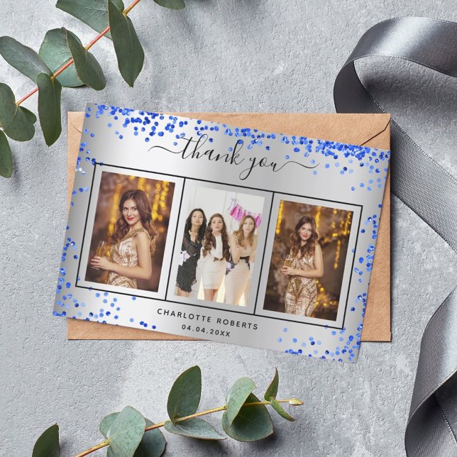 Tarjeta De Agradecimiento Foto de brillo azul real de plata de cumpleaños (Subido por el creador)