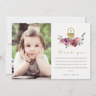 TARJETA DE AGRADECIMIENTO FOTO DE BURGUNDY GOLD FLORAL PRIMERA COMUNICACIÓN 