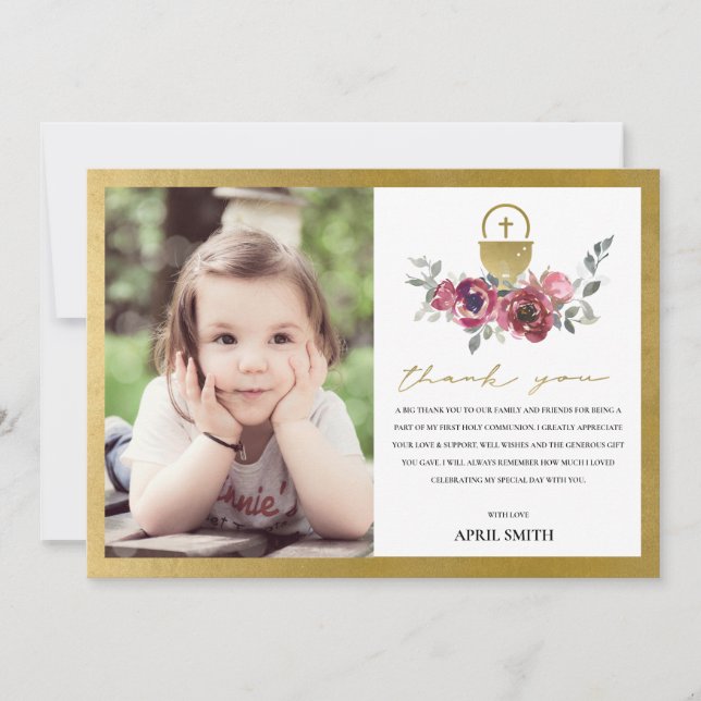 TARJETA DE AGRADECIMIENTO FOTO DE BURGUNDY GOLD FLORAL PRIMERA COMUNICACIÓN  (Anverso)