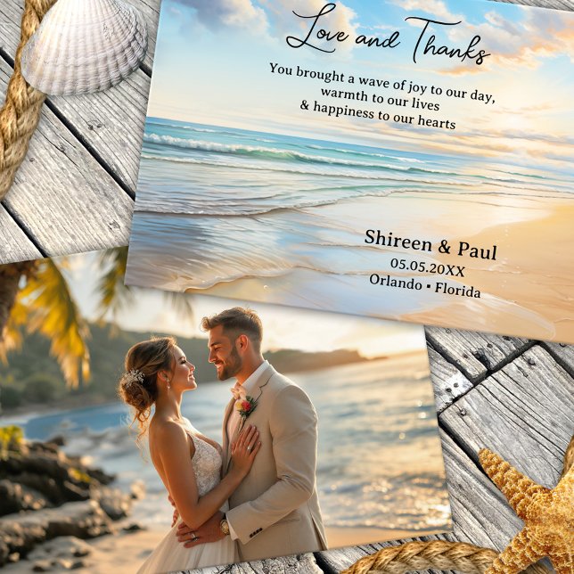 Tarjeta De Agradecimiento Foto de caserío elegante en playa (Elegant beach wedding photo Thank You card with a watercolor painting of the beach on a sunny day)