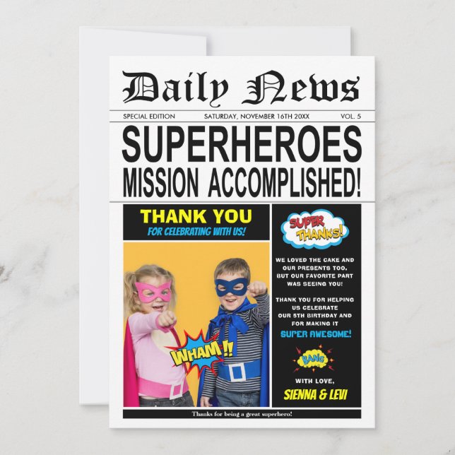 Tarjeta De Agradecimiento Foto de Chica de niño de cumpleaños de Superheroín (Anverso)