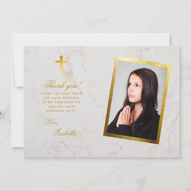 Tarjeta De Agradecimiento Foto De Confirmación Faux Gold Cross White Marble (Anverso)