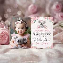 Tarjeta De Agradecimiento Foto de Cumpleaños con Koala Adorable y Floral Ros