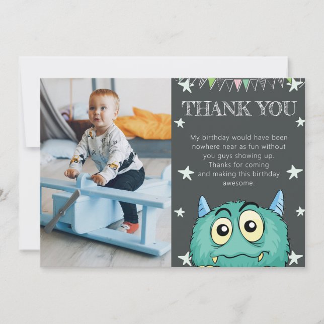 Tarjeta De Agradecimiento Foto de cumpleaños con tema de monstruos (Anverso)