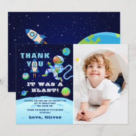 Tarjeta De Agradecimiento Foto de cumpleaños de astronauta azul en el espaci