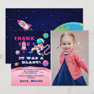 Tarjeta De Agradecimiento Foto de cumpleaños de astronauta rosa en el espaci