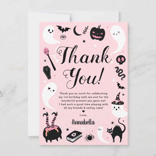 Tarjeta De Agradecimiento Foto de cumpleaños de Halloween rosa (Anverso)