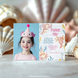 Tarjeta De Agradecimiento Foto de cumpleaños de niña con ajolote rosa lindo 