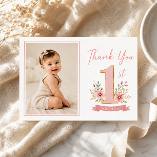 Tarjeta De Agradecimiento Foto de cumpleaños de niña con flores rosadas polv