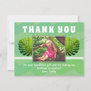 Tarjeta De Agradecimiento Foto de cumpleaños de niña con hoja tropical verde