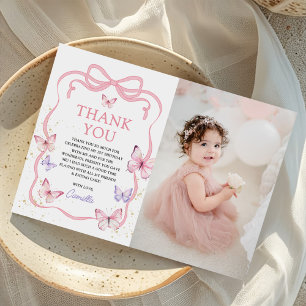 Tarjeta De Agradecimiento Foto de cumpleaños de niña con lazo mariposa rosa