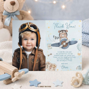 Tarjeta De Agradecimiento Foto de cumpleaños del osito piloto lindo avión az