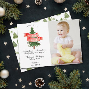 Tarjeta De Agradecimiento Foto de cumpleaños feliz con árbol de pino acuarel