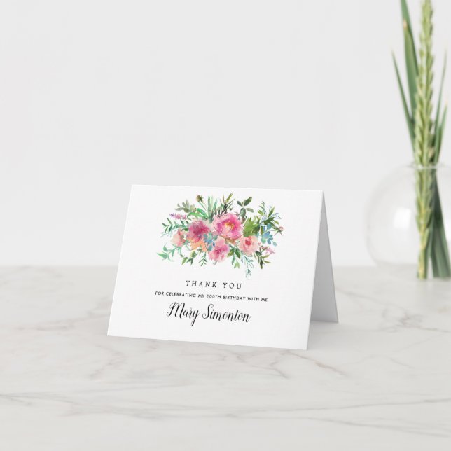 Tarjeta De Agradecimiento Foto de cumpleaños número 100 de Pink Peony Floral (Anverso)