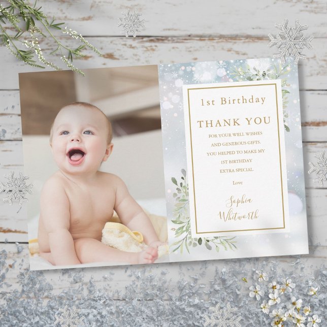 Tarjeta De Agradecimiento Foto de cumpleaños número 1 de Winter Greenery (Winter Greenery 1st Birthday Photo Thank You Card)