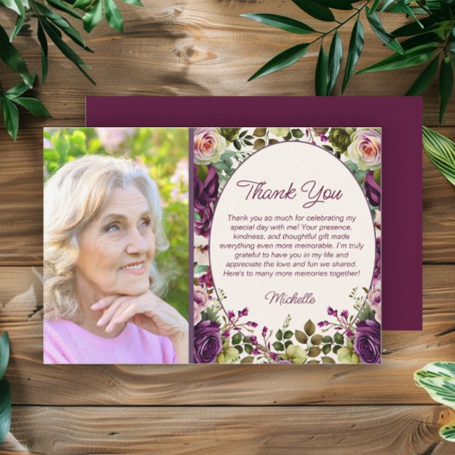 Tarjeta De Agradecimiento Foto de cumpleaños número 60 con flores botánicas  (Purple and pink watercolor floral women's birthday party photo Thank You card)