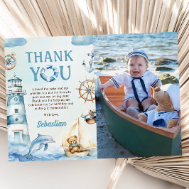 Tarjeta De Agradecimiento Foto de cumpleaños número uno azul de barco náutic