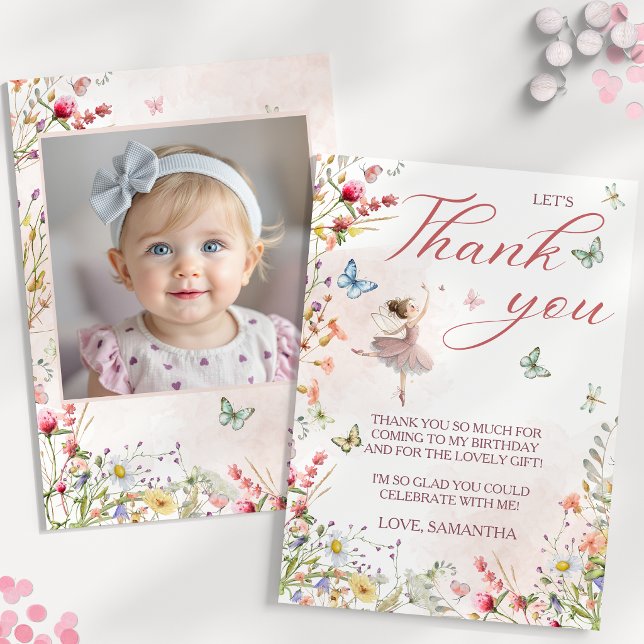Tarjeta De Agradecimiento Foto de Cumpleaños Número Uno de Flutter Twirl Mag (Flutter Twirl Magical Wings First Birthday Photo Thank You Card)