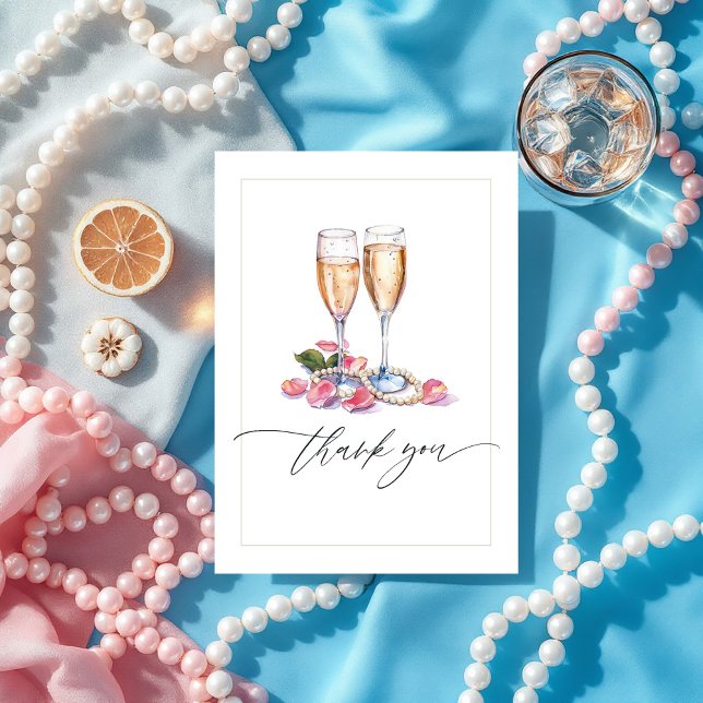 Tarjeta De Agradecimiento Foto de Desayuno Nupcial con Perlas, Pétalos y Pro (Pearls and Prosecco Bridal Shower Photo Thank You Card)