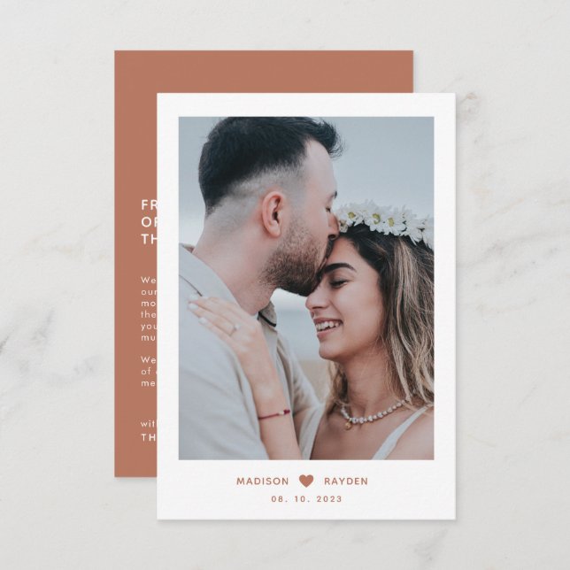 Tarjeta De Agradecimiento Foto de estilo con escritura de terracota con Boda (Anverso / Reverso)