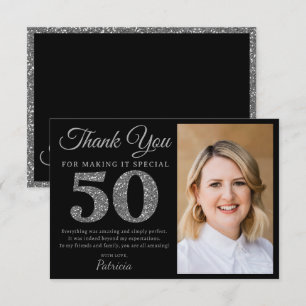 Tarjeta De Agradecimiento Foto de fiesta de cumpleaños 50 con brillo negro y