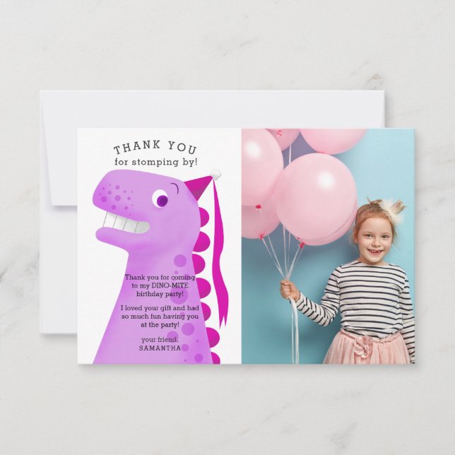 Tarjeta De Agradecimiento Foto de fiesta de cumpleaños de dinosaurio rosa li (Anverso)