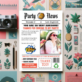 Tarjeta De Agradecimiento Foto de fiesta de cumpleaños de periódico retro