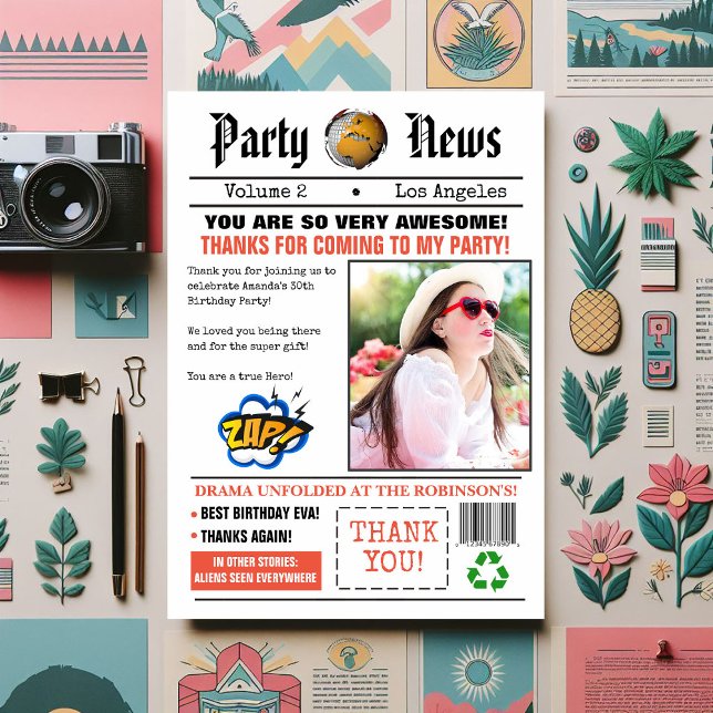 Tarjeta De Agradecimiento Foto de fiesta de cumpleaños de periódico retro (Retro Newspaper themed thank you card)