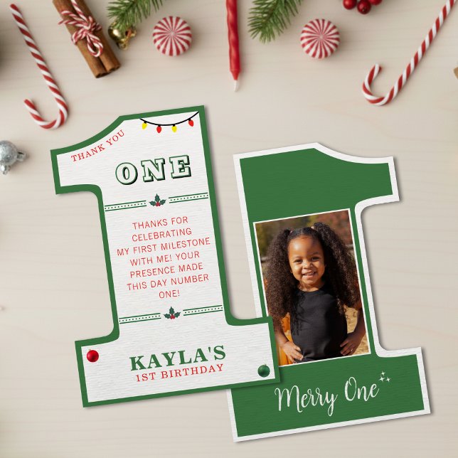 Tarjeta De Agradecimiento Foto de fiesta de cumpleaños número 1 de Navidad (Christmas 1st Birthday Party Merry One Photo Thank You Card
)